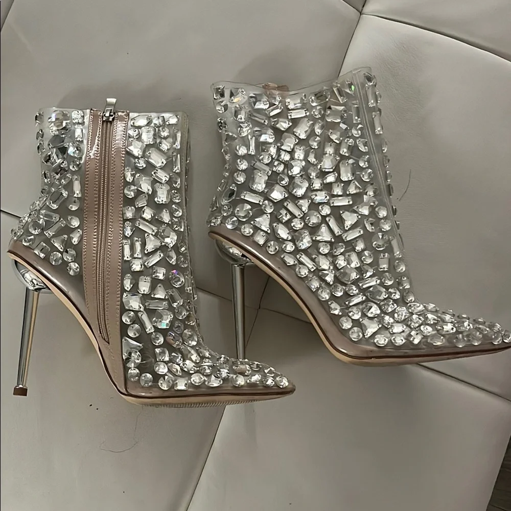 Silver Stiletto Heeled Boots with Crystal Embellishments - Picture 1 of 2